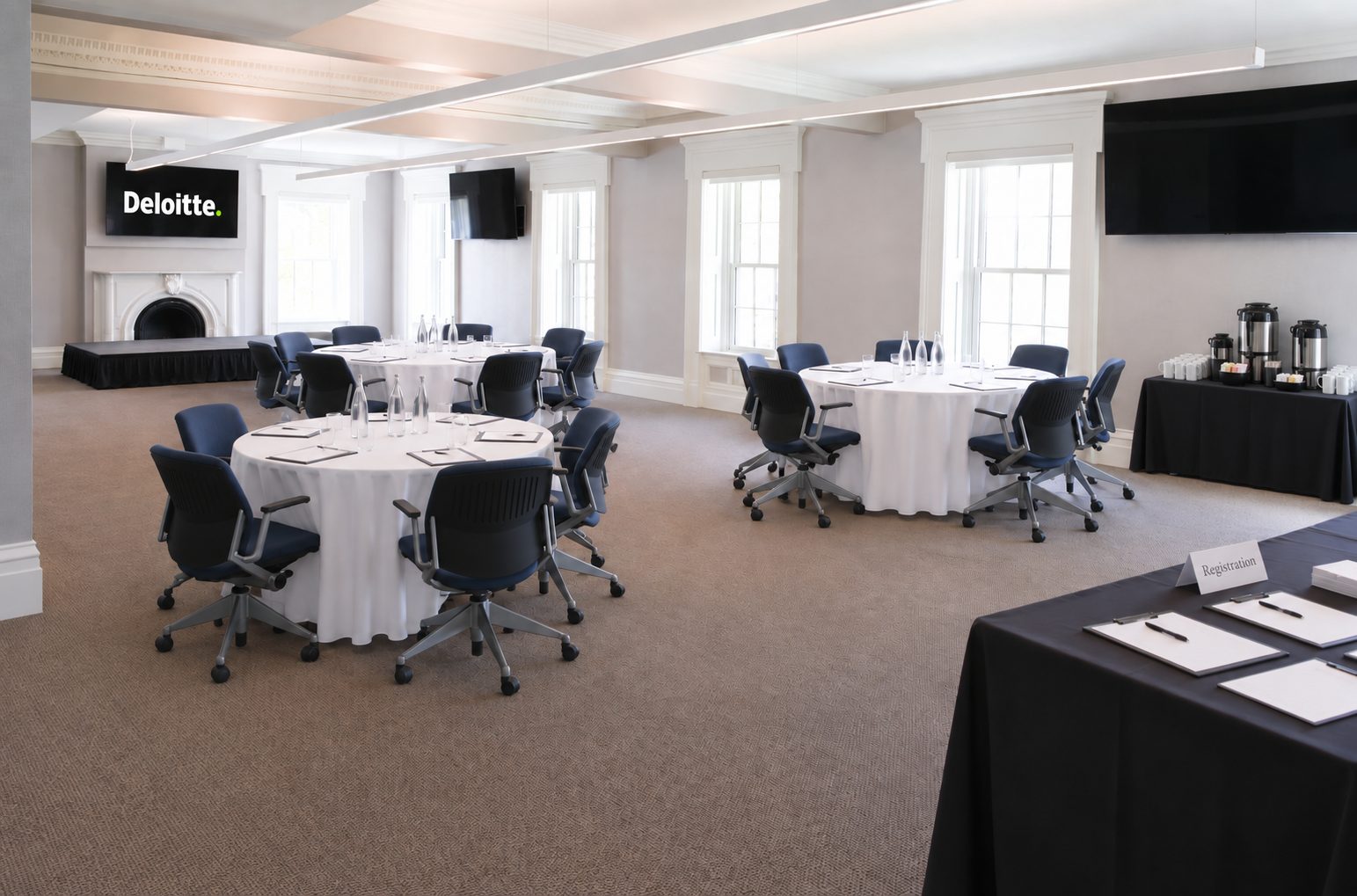 AI-edited meeting-room concept with the coffee station relocated and a client logo on the front screen