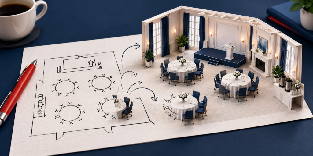 A hand-drawn meeting-room floor plan turning into a 3D event setup with round tables, a stage and a coffee station